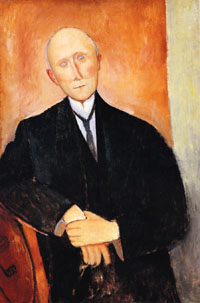 Seated man with orange background